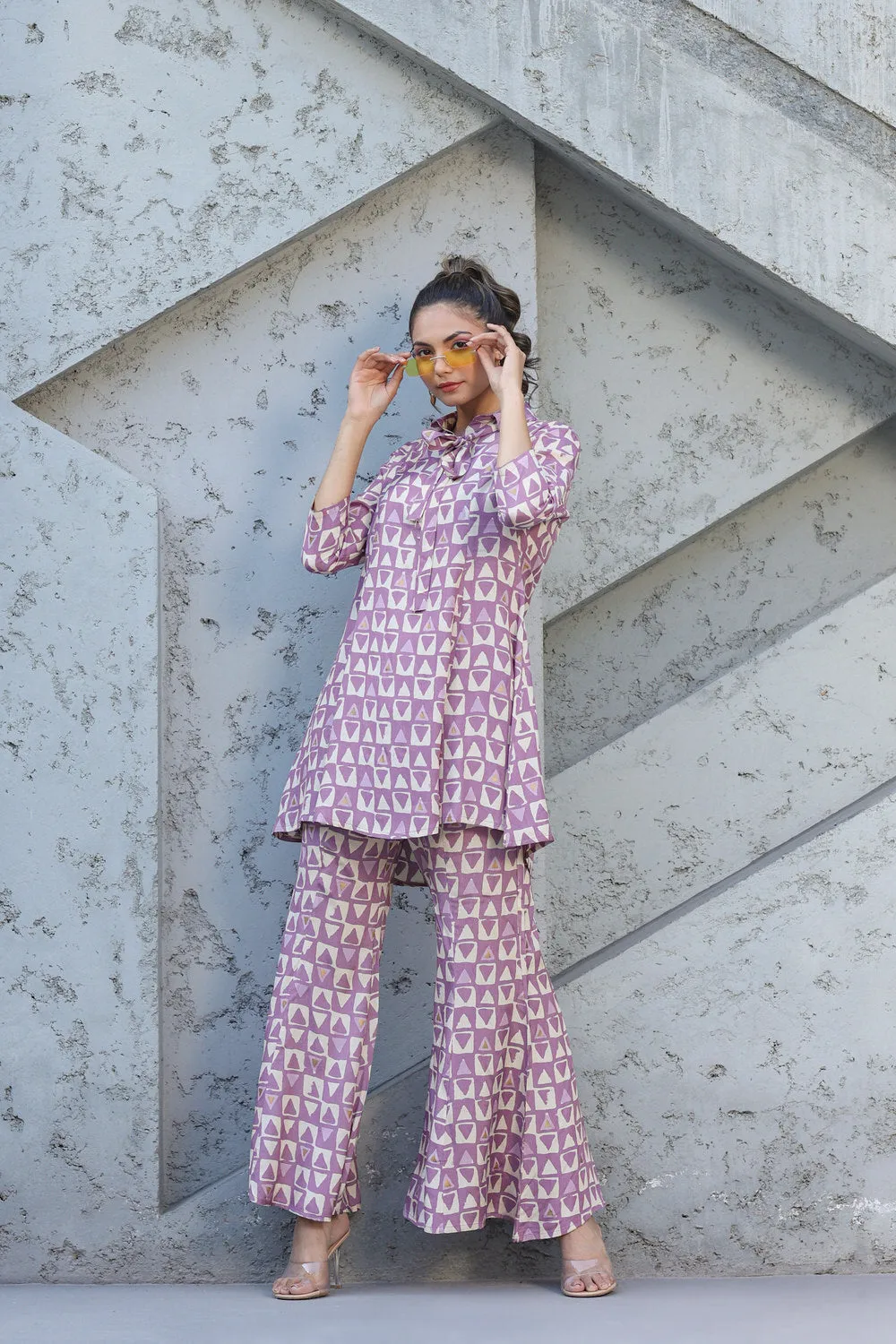 Abstract print on Lavender Muslin Silk Co ord Set