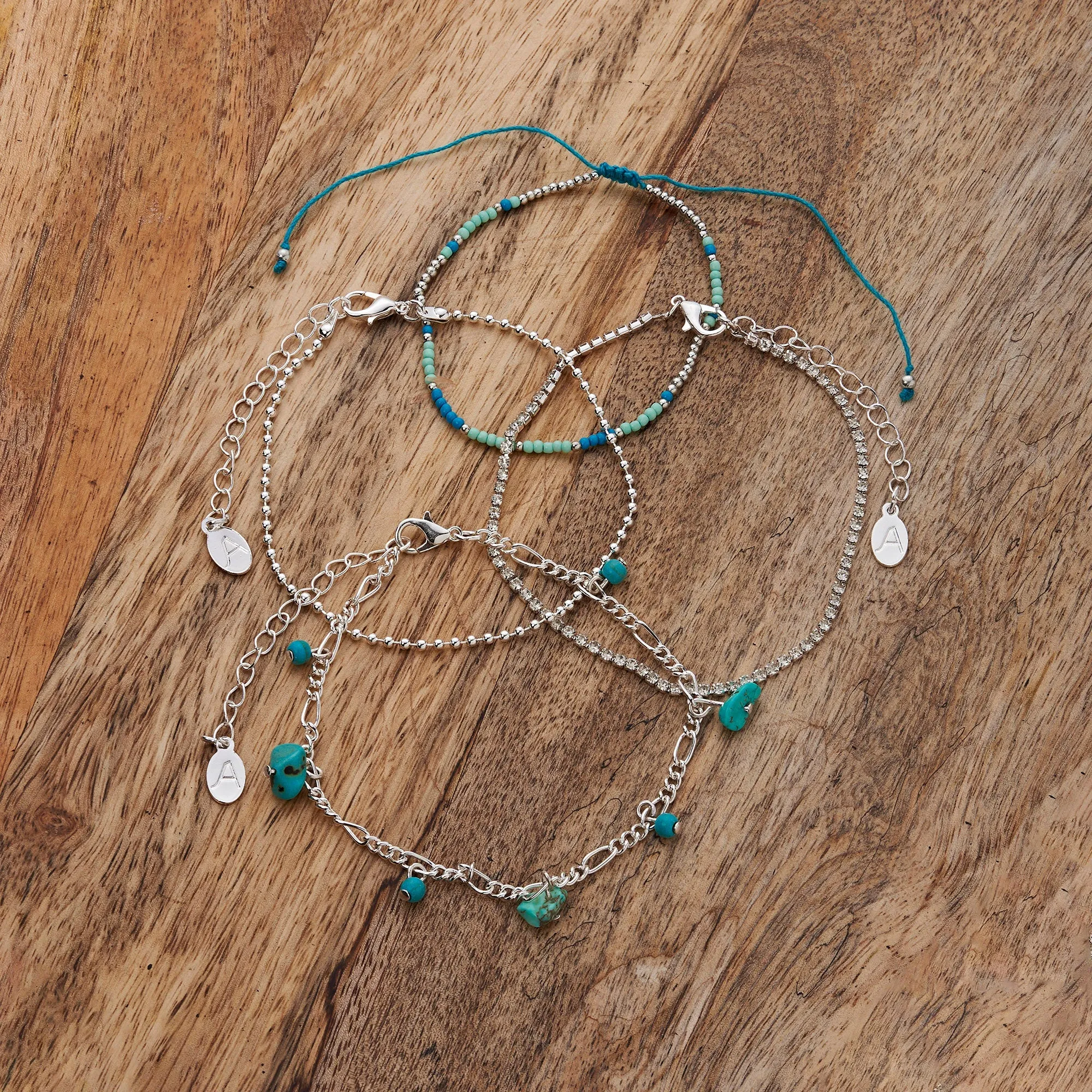 Accessorize London Women's Silver And Turq Beaded Anklets Pack Of 4