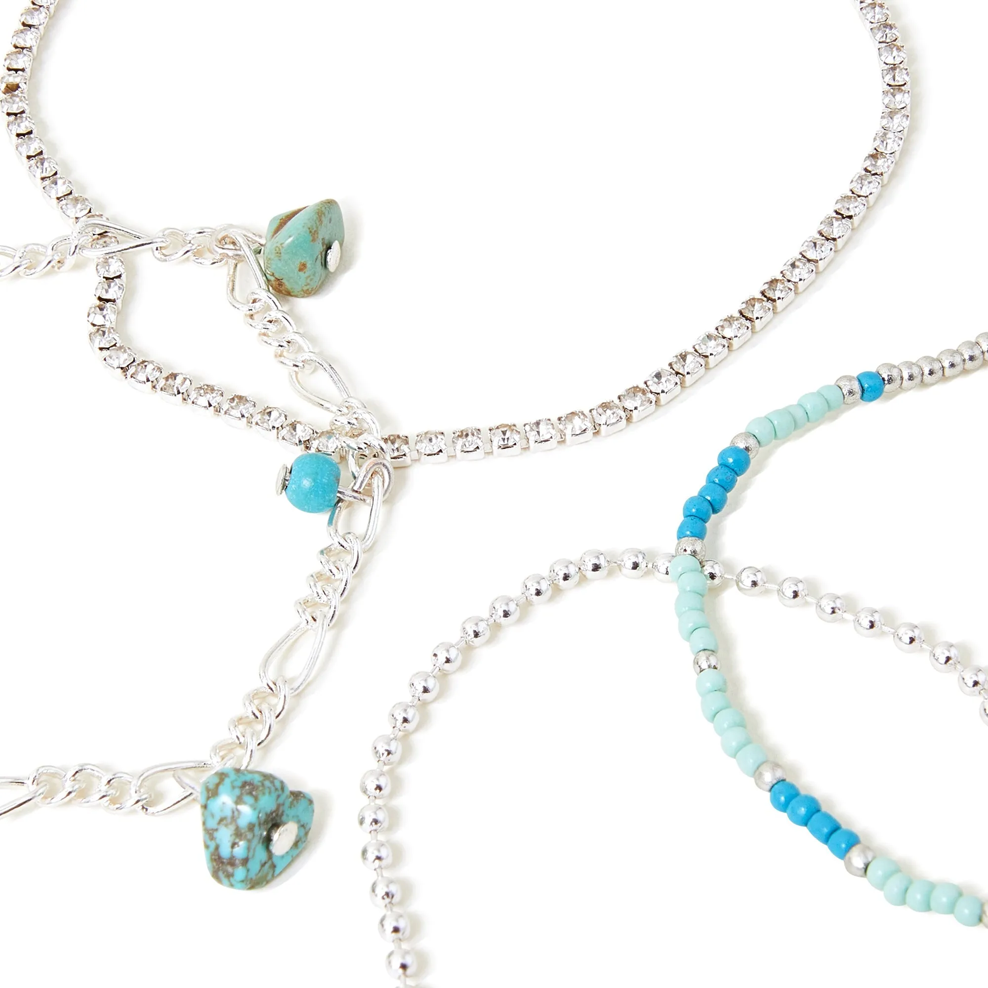 Accessorize London Women's Silver And Turq Beaded Anklets Pack Of 4