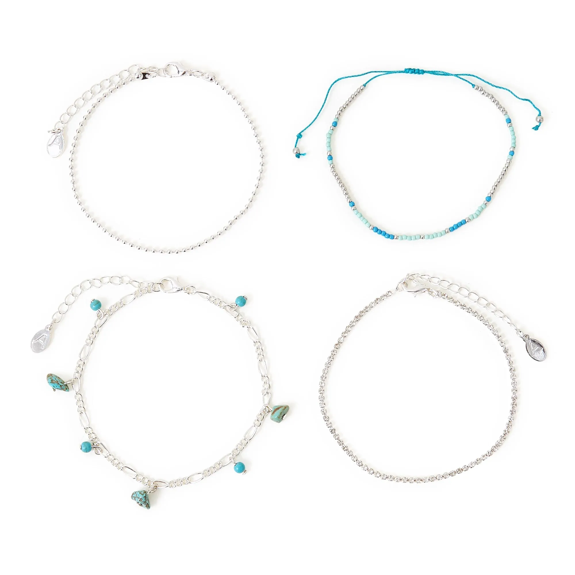 Accessorize London Women's Silver And Turq Beaded Anklets Pack Of 4
