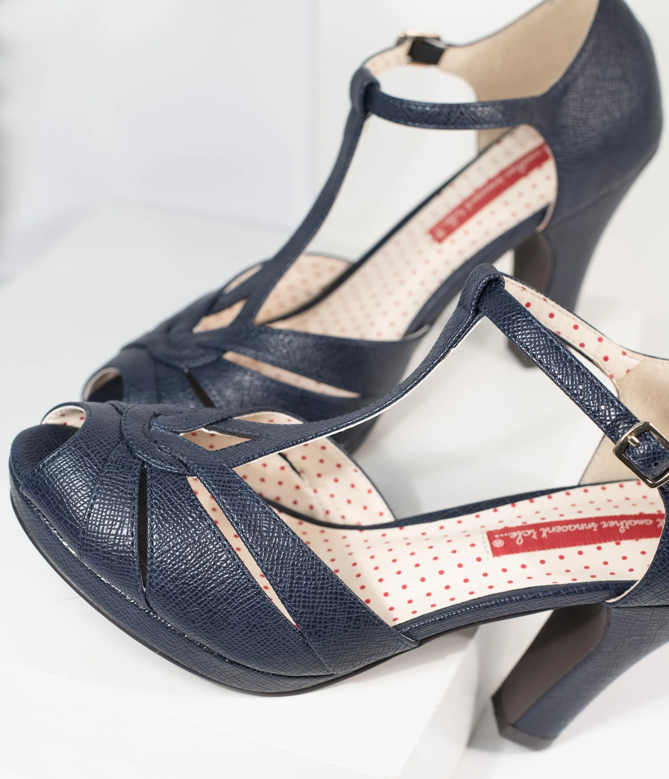 B.A.I.T. Navy Blue Textured Leatherette T-Strap Lacey Heels