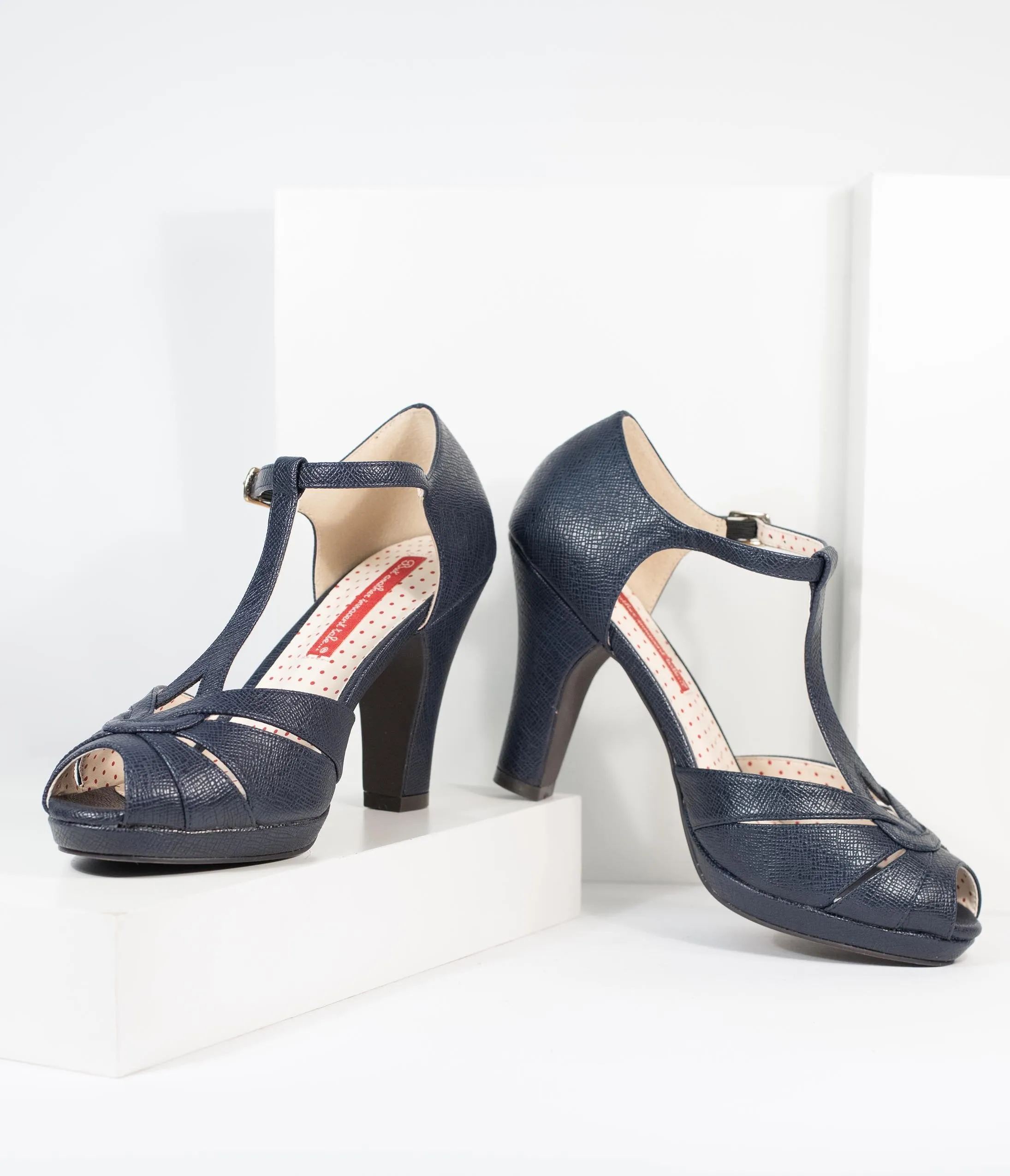 B.A.I.T. Navy Blue Textured Leatherette T-Strap Lacey Heels