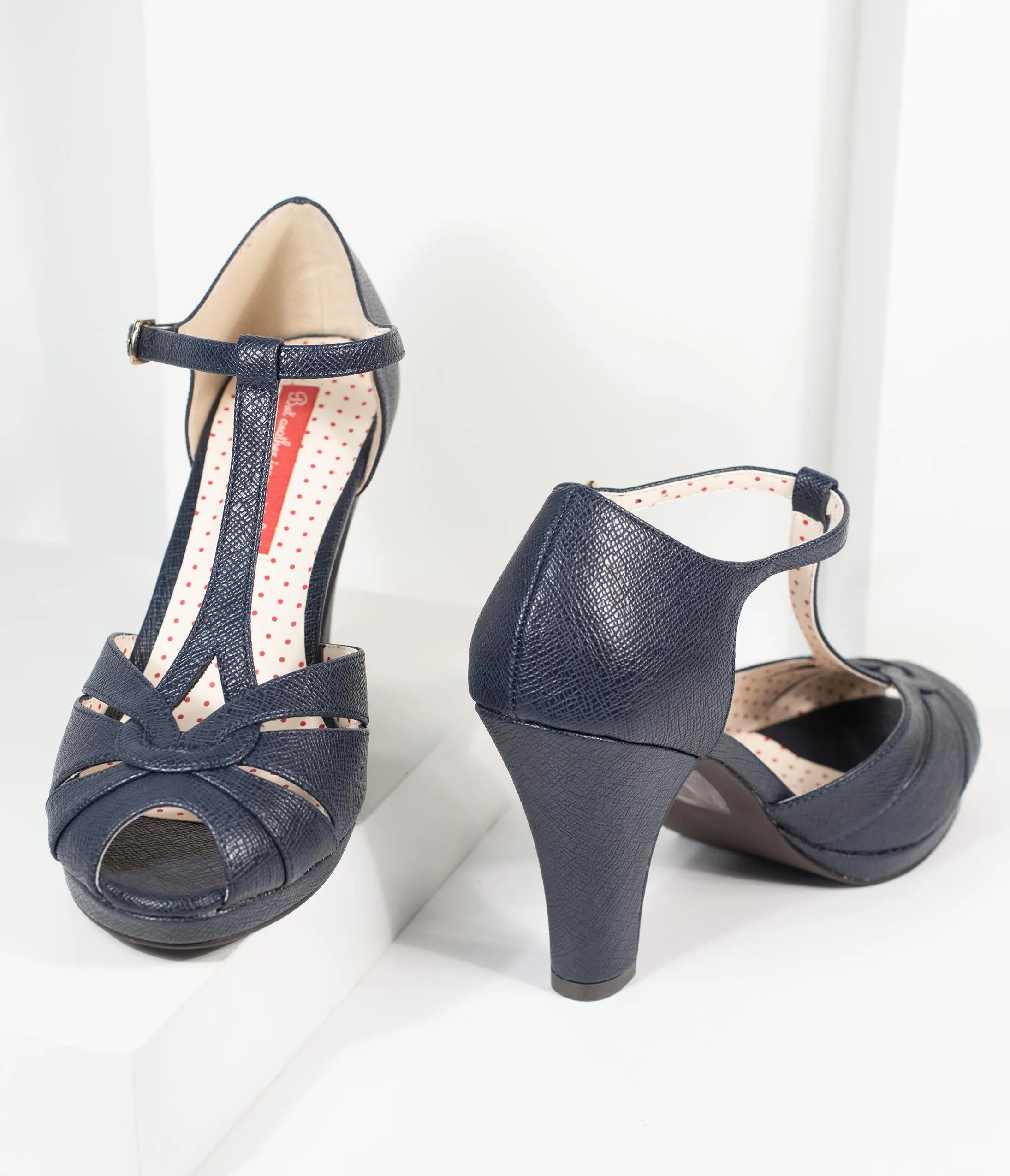 B.A.I.T. Navy Blue Textured Leatherette T-Strap Lacey Heels