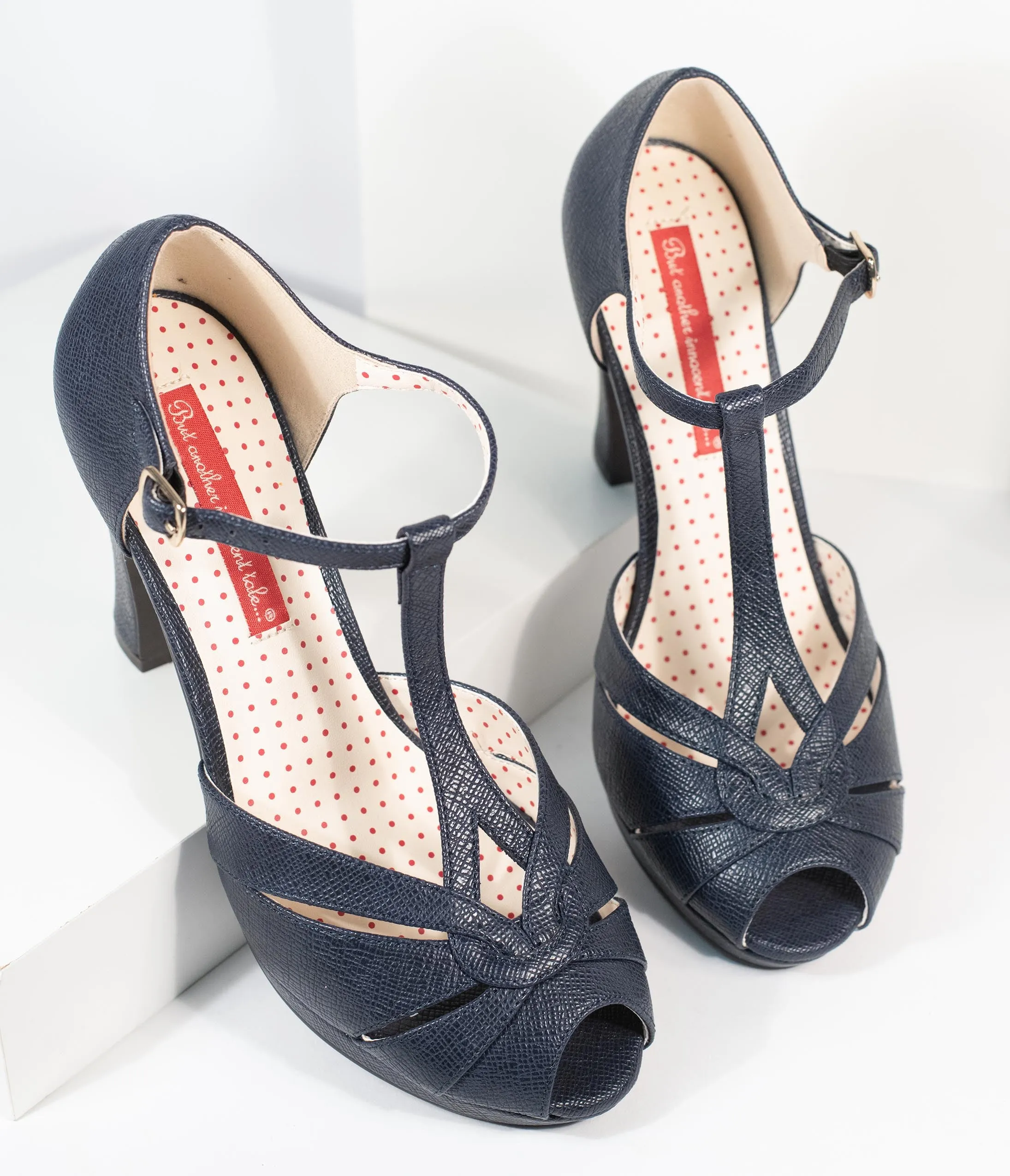 B.A.I.T. Navy Blue Textured Leatherette T-Strap Lacey Heels