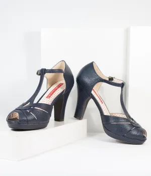 B.A.I.T. Navy Blue Textured Leatherette T-Strap Lacey Heels