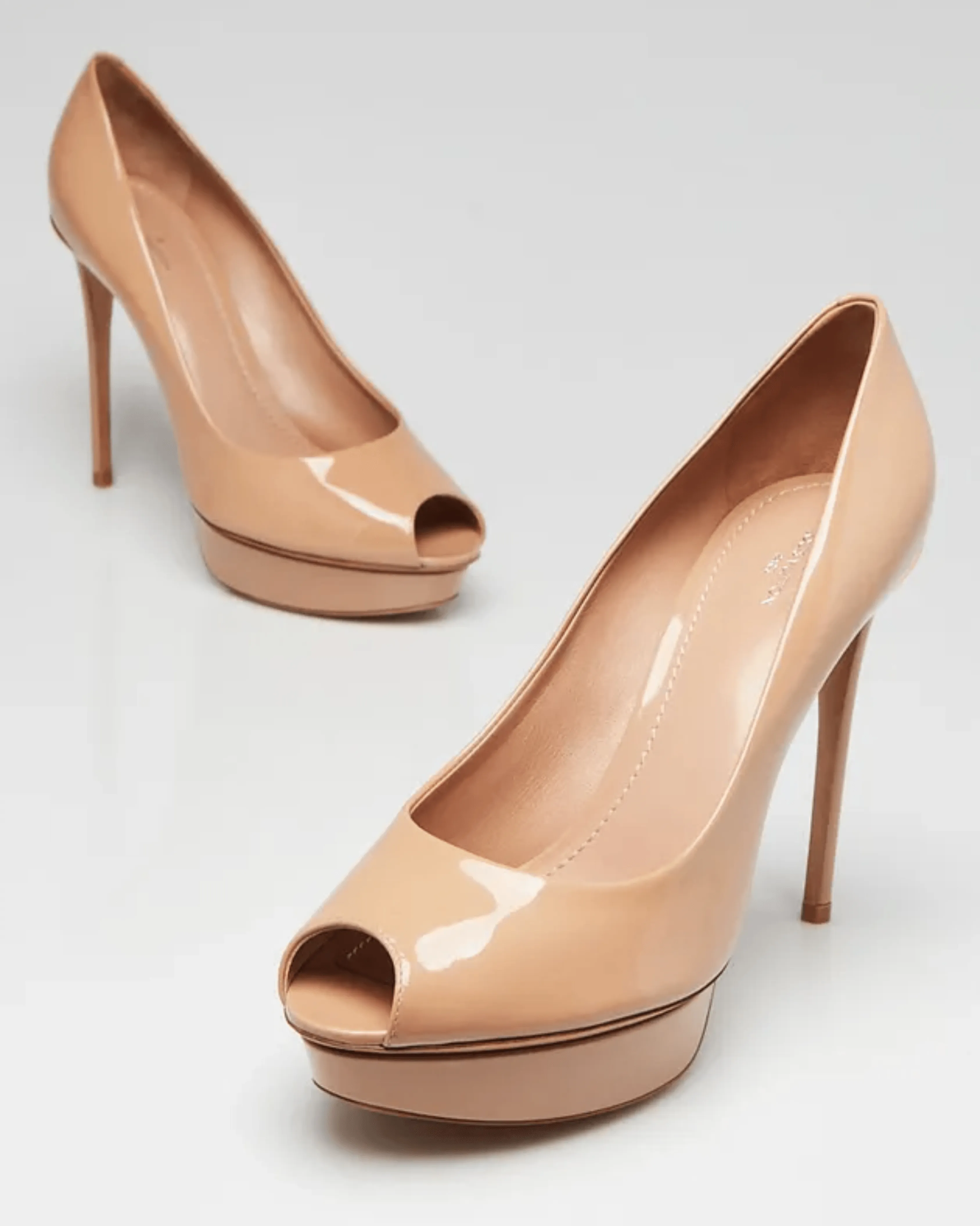 Beige Patent Leather Platform Peep Toe Eyeline Pumps