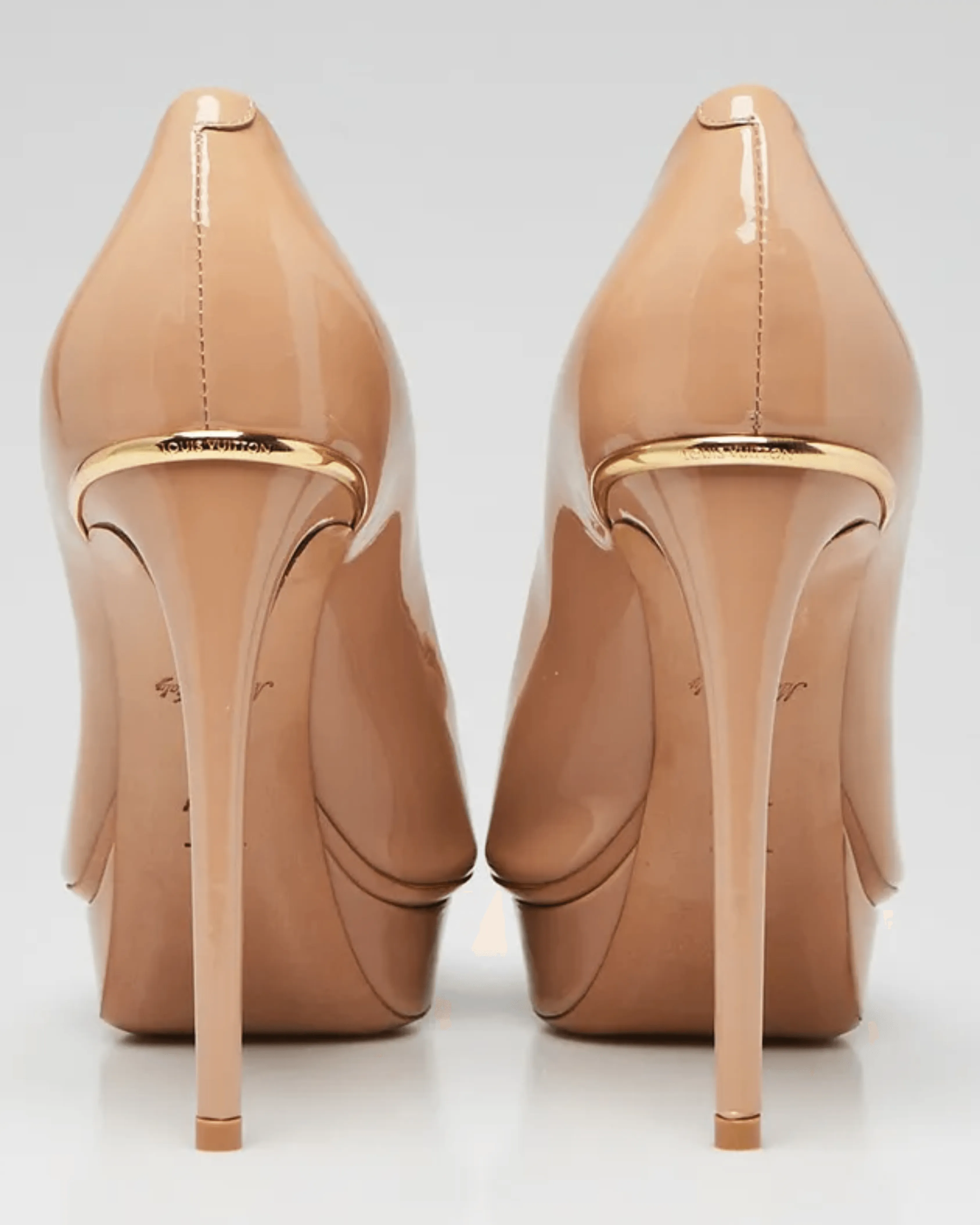 Beige Patent Leather Platform Peep Toe Eyeline Pumps