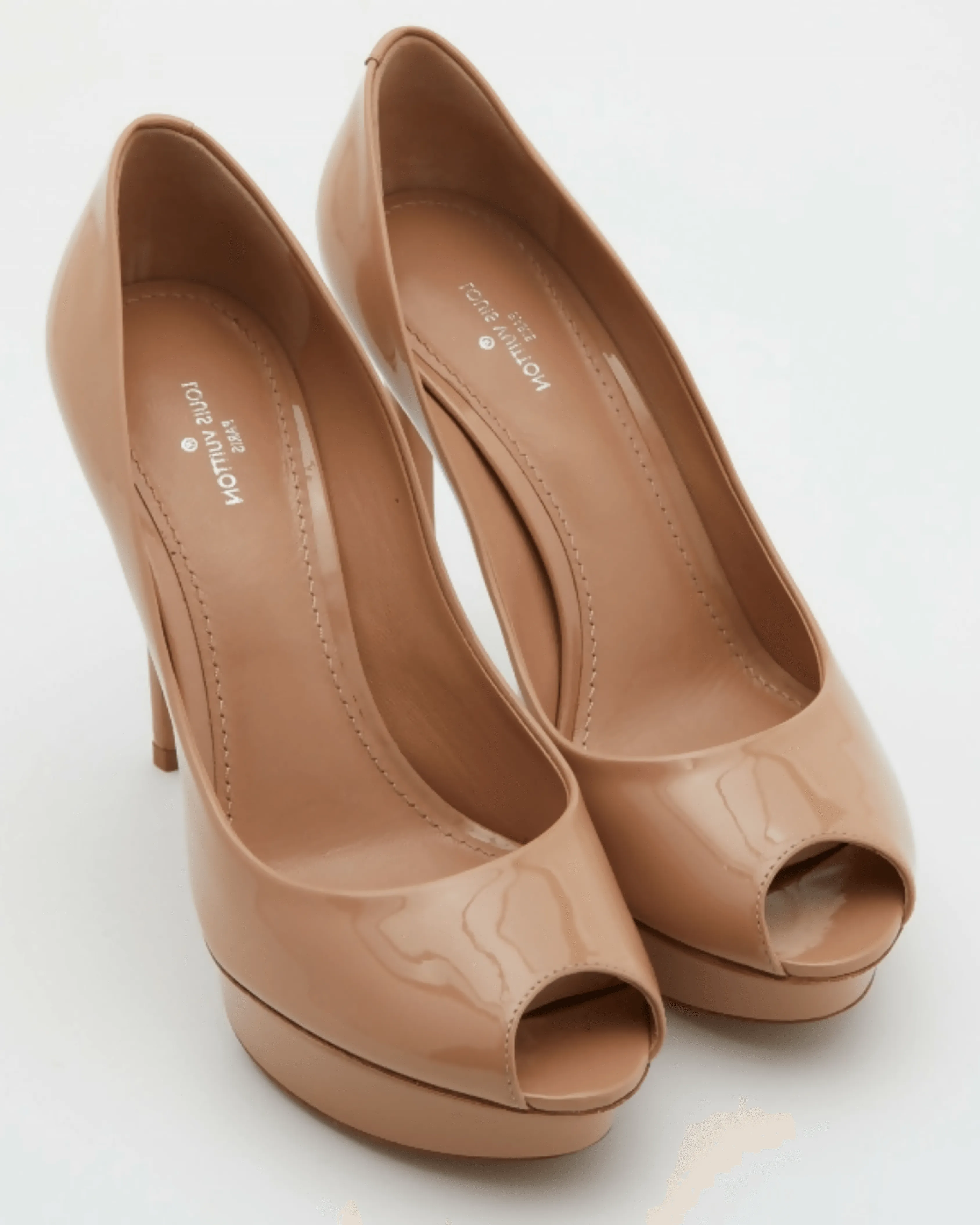 Beige Patent Leather Platform Peep Toe Eyeline Pumps
