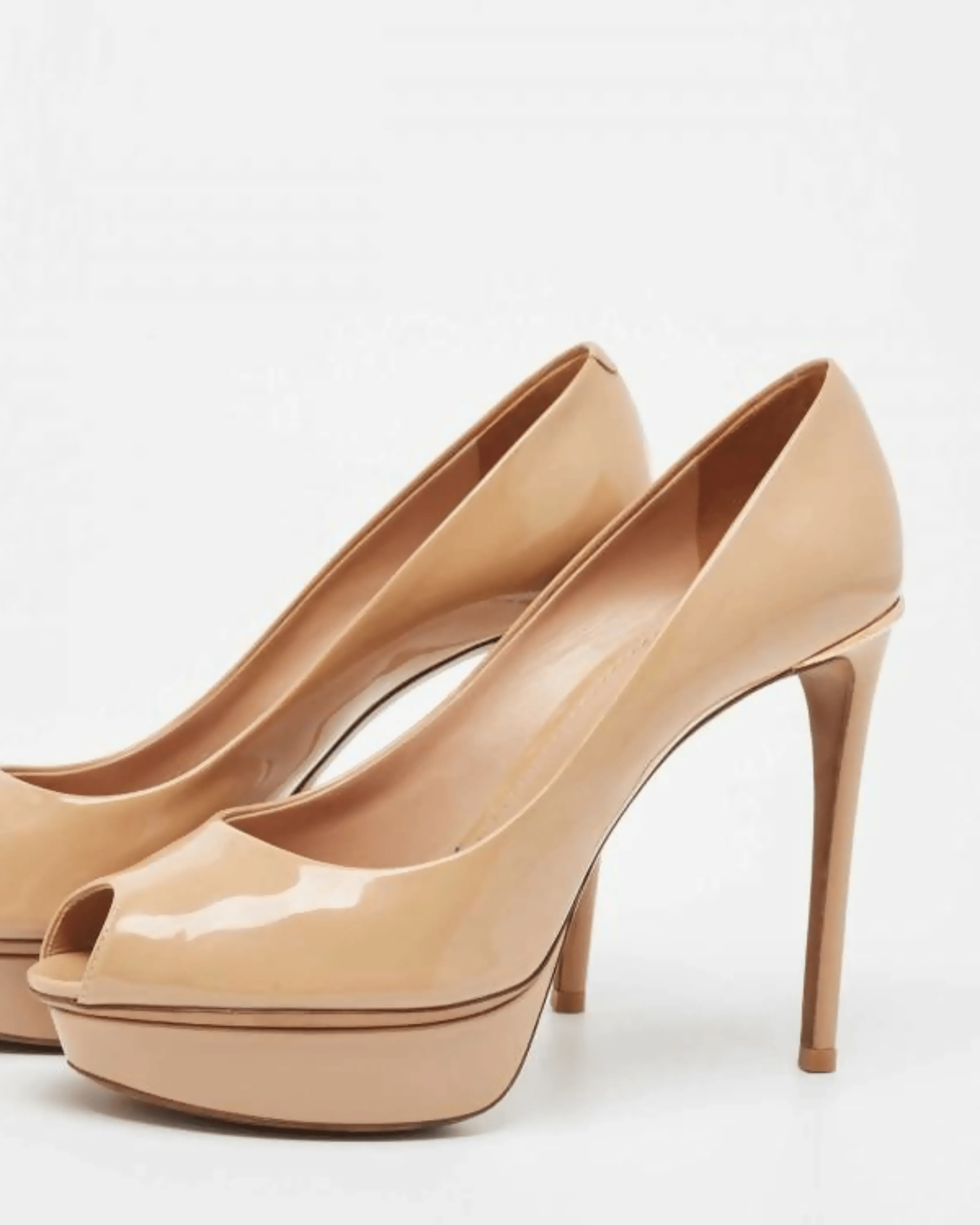Beige Patent Leather Platform Peep Toe Eyeline Pumps