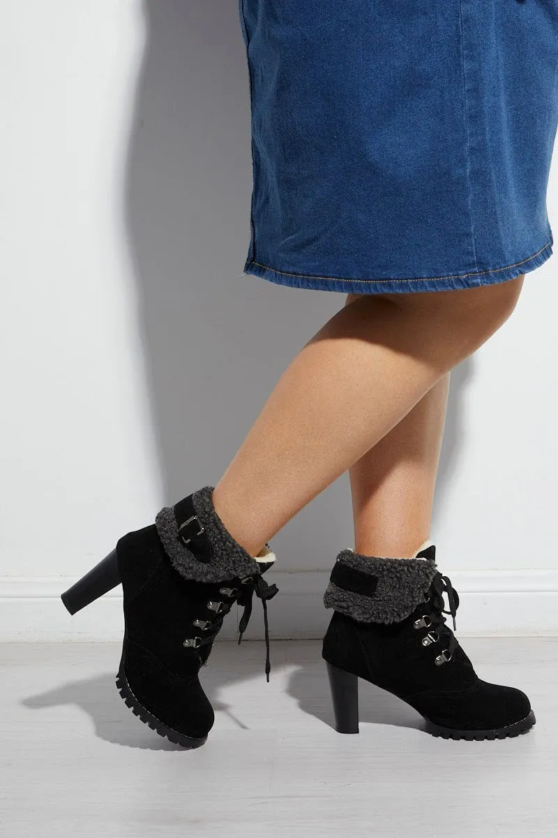 Black Fur Trim Heeled Hiking Boots