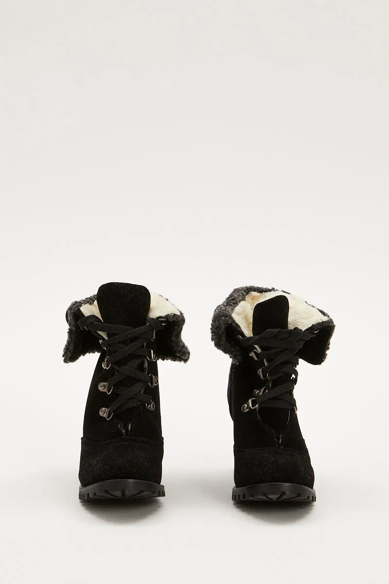 Black Fur Trim Heeled Hiking Boots