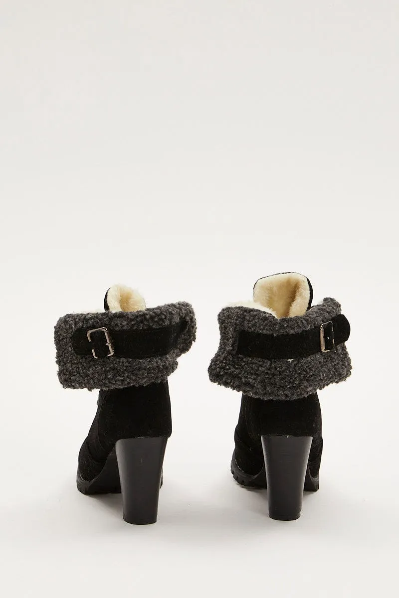 Black Fur Trim Heeled Hiking Boots