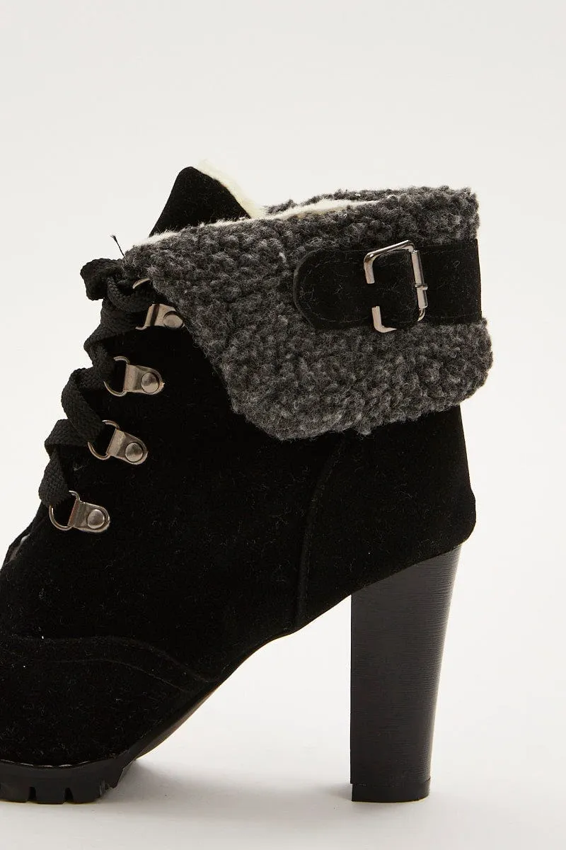 Black Fur Trim Heeled Hiking Boots