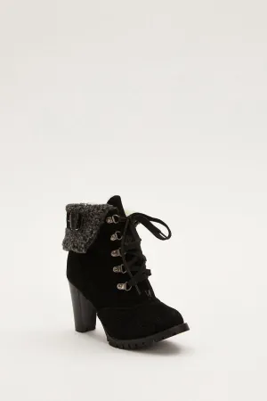 Black Fur Trim Heeled Hiking Boots
