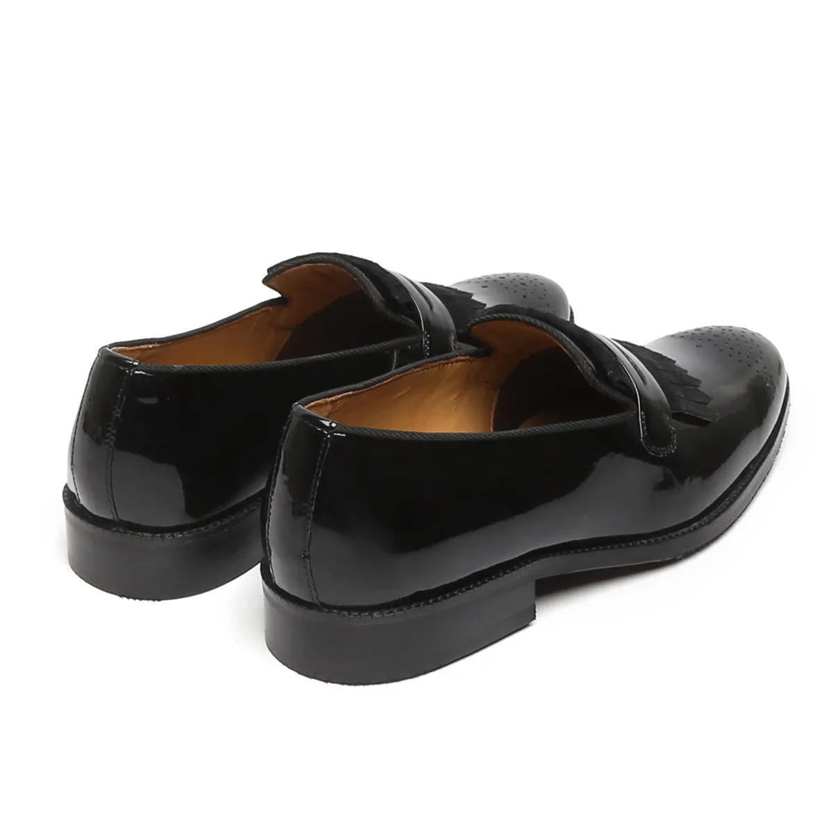 Black Patent Leather Slip-On Shoe With Suede Fringes