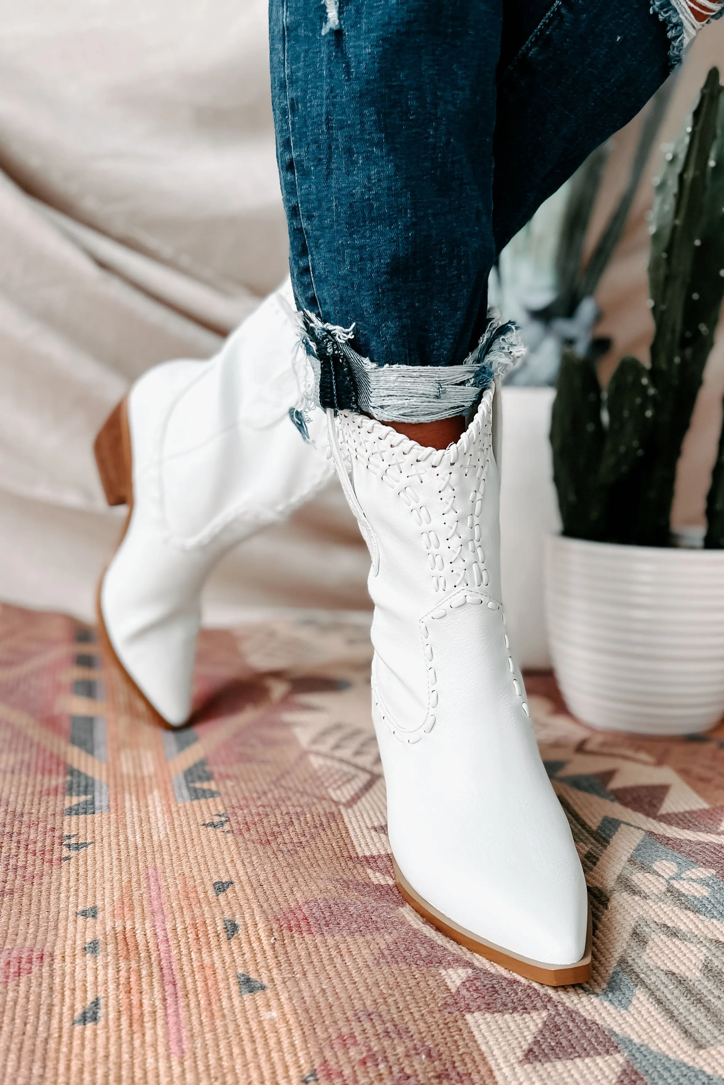 Cazey Whip Stitched Mid-Calf Billini Booties (White)