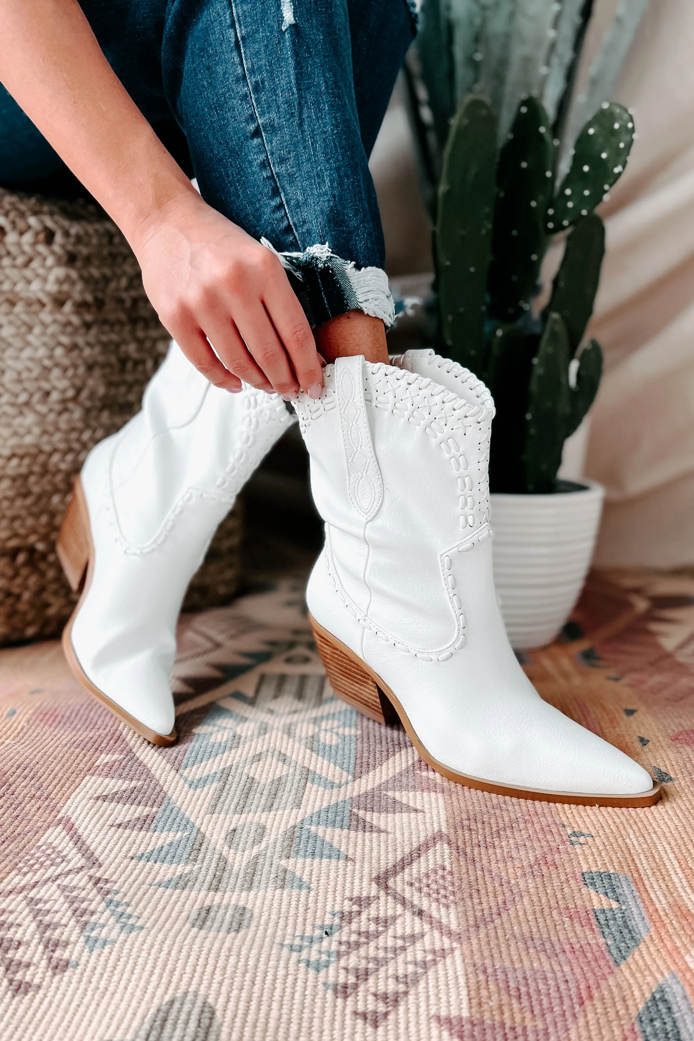 Cazey Whip Stitched Mid-Calf Billini Booties (White)
