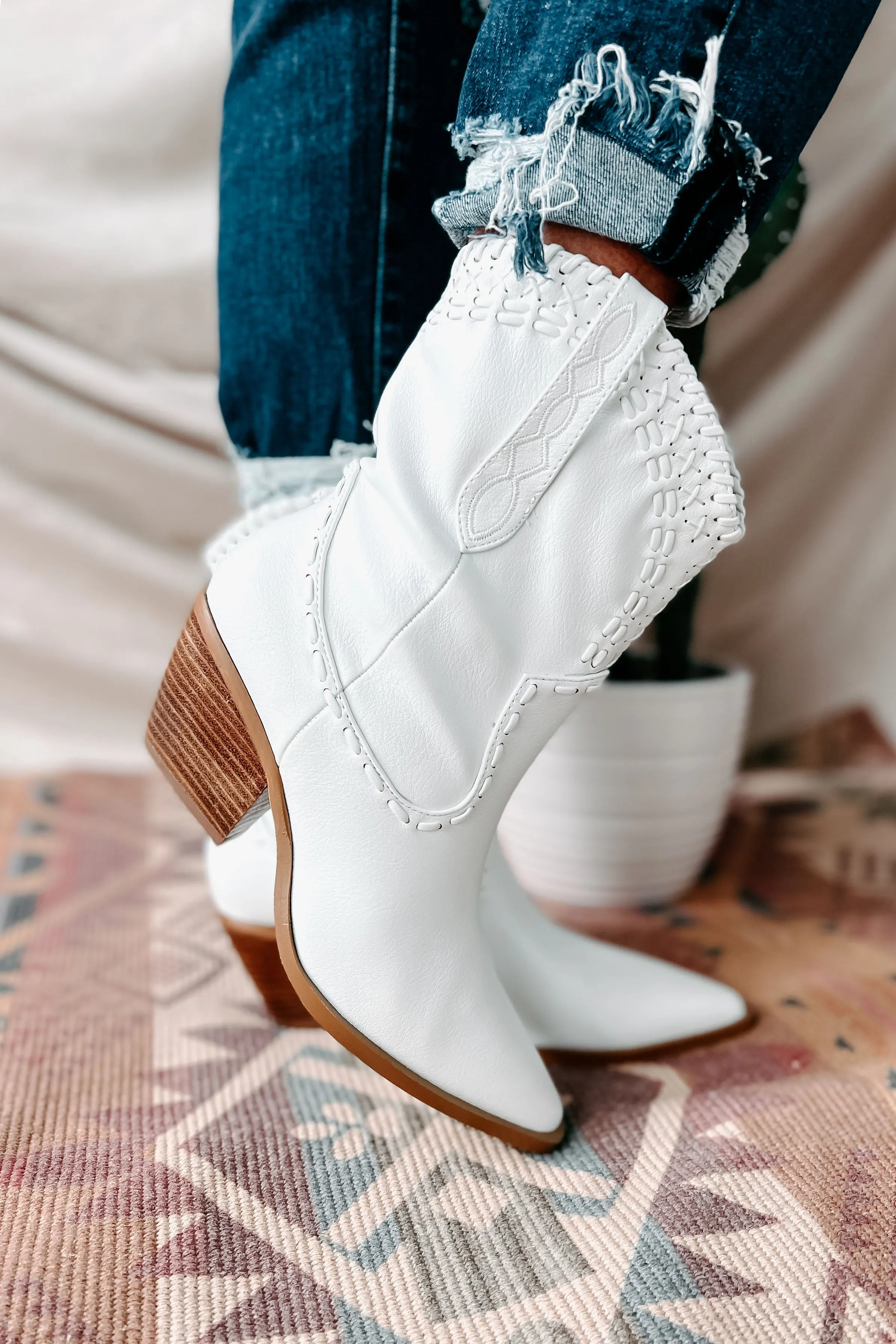 Cazey Whip Stitched Mid-Calf Billini Booties (White)