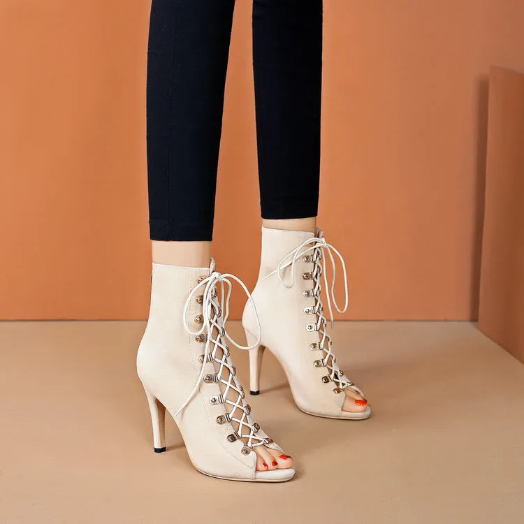 Glamorous Suede Lace-Up Peep-Toe Booties - Dazzling Detail for Fashion Enthusiasts