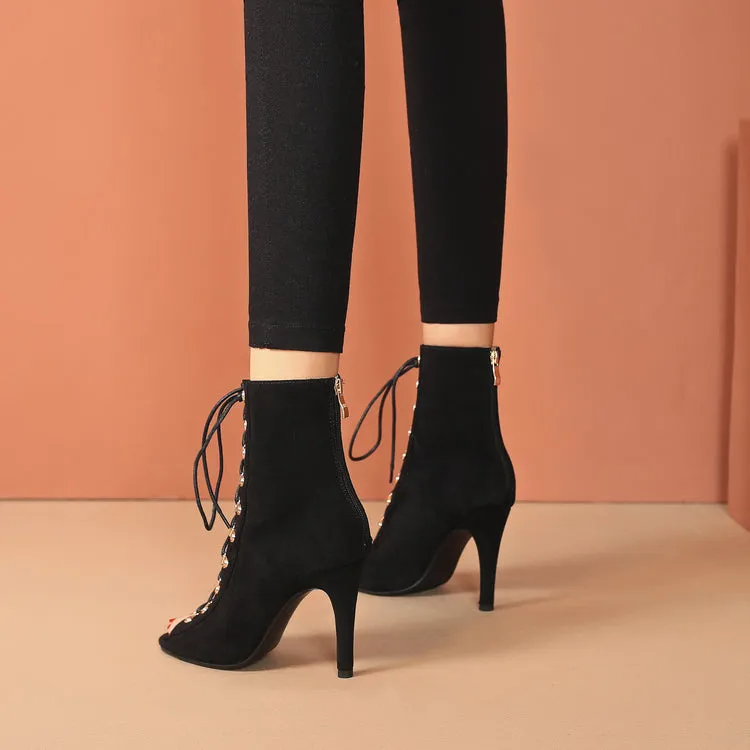 Glamorous Suede Lace-Up Peep-Toe Booties - Dazzling Detail for Fashion Enthusiasts