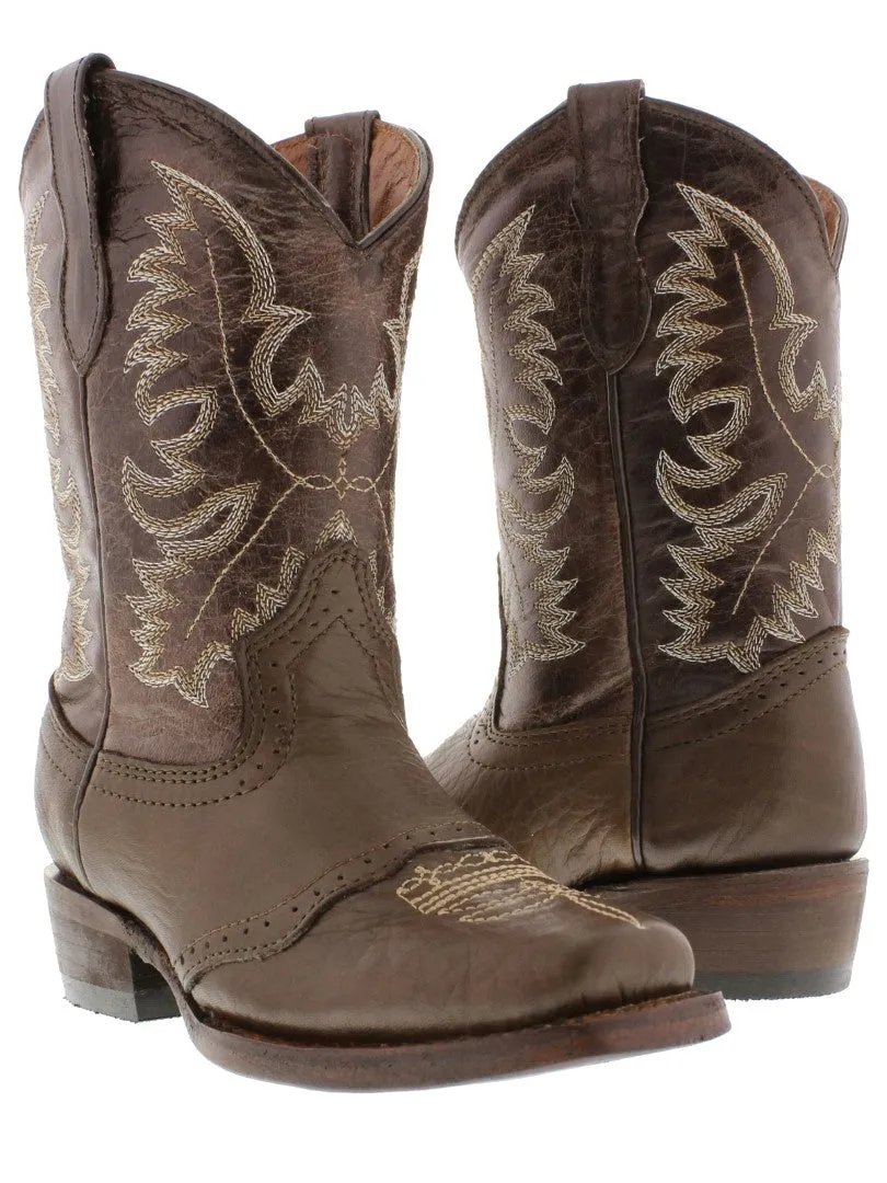 Kids Grizzly Soft Brown Western Cowboy Boots Leather - Square Toe