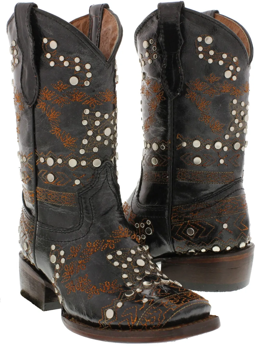 Kids Pescara Black Western Cowboy Boots Leather - Square Toe