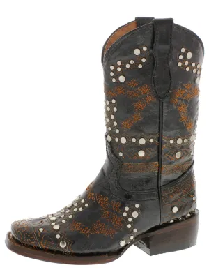 Kids Pescara Black Western Cowboy Boots Leather - Square Toe