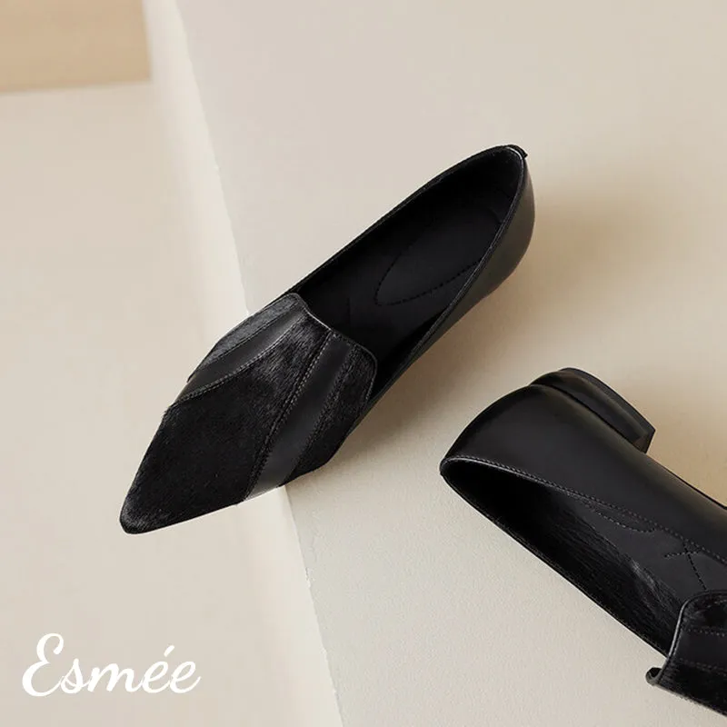 Leather Pointy Toe Loafers with Horsehair Design