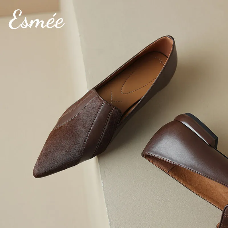 Leather Pointy Toe Loafers with Horsehair Design