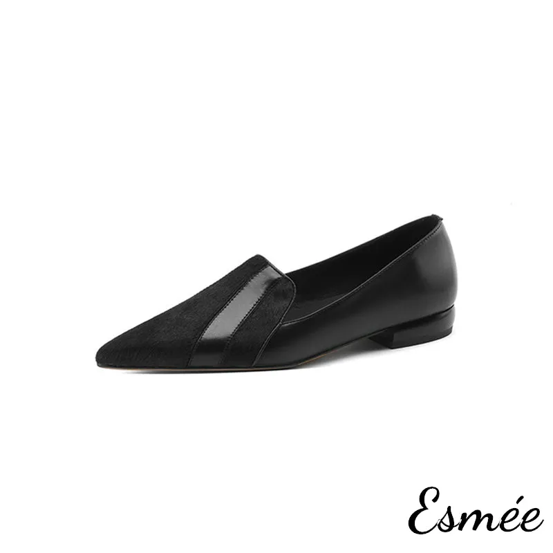 Leather Pointy Toe Loafers with Horsehair Design