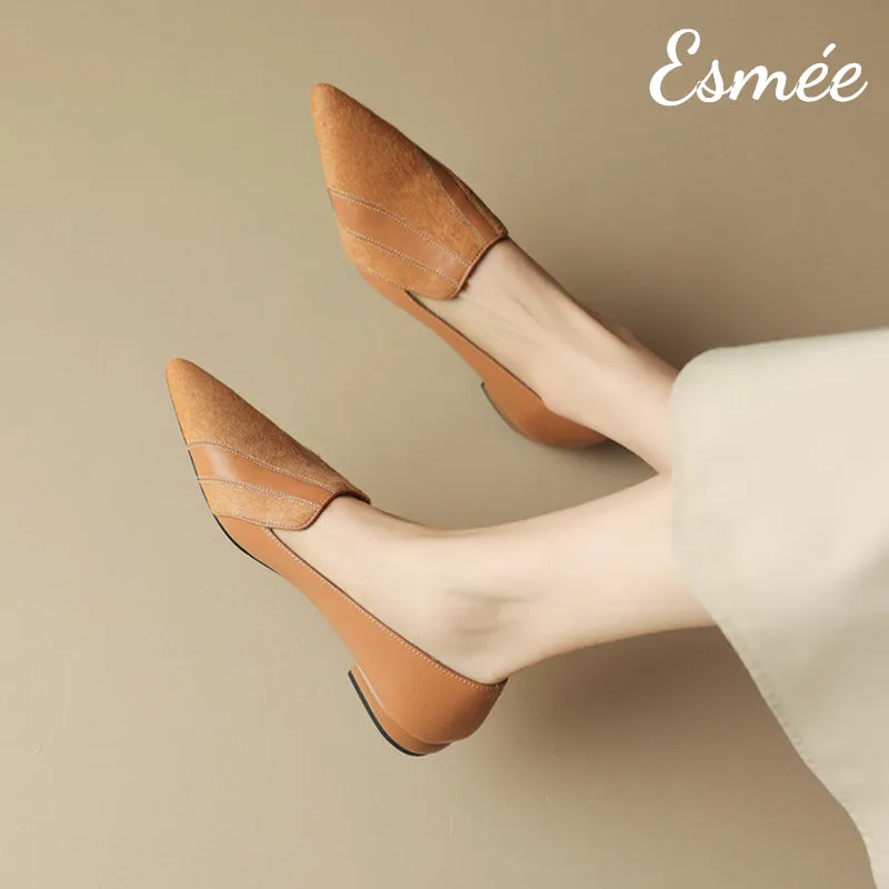 Leather Pointy Toe Loafers with Horsehair Design