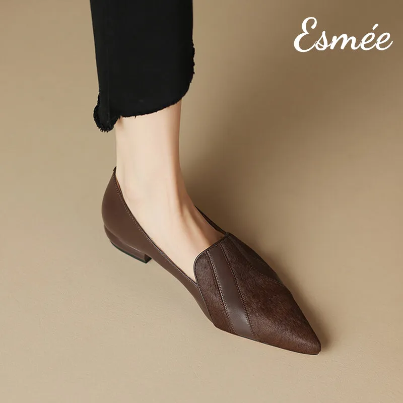 Leather Pointy Toe Loafers with Horsehair Design