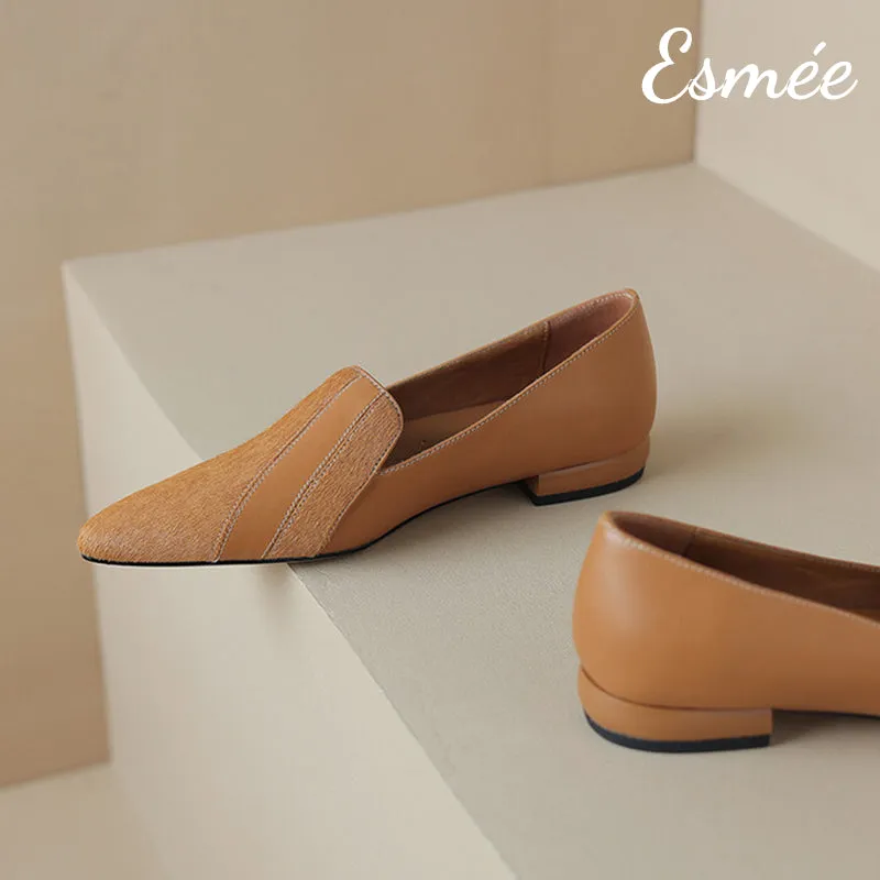 Leather Pointy Toe Loafers with Horsehair Design