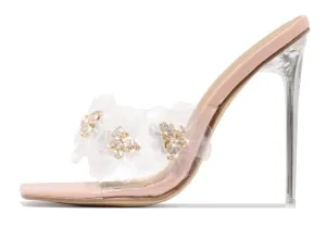 LuxeModa Secret Nude Diamond Butterfly Squared Open Toe Stiletto Heel Pump Mules