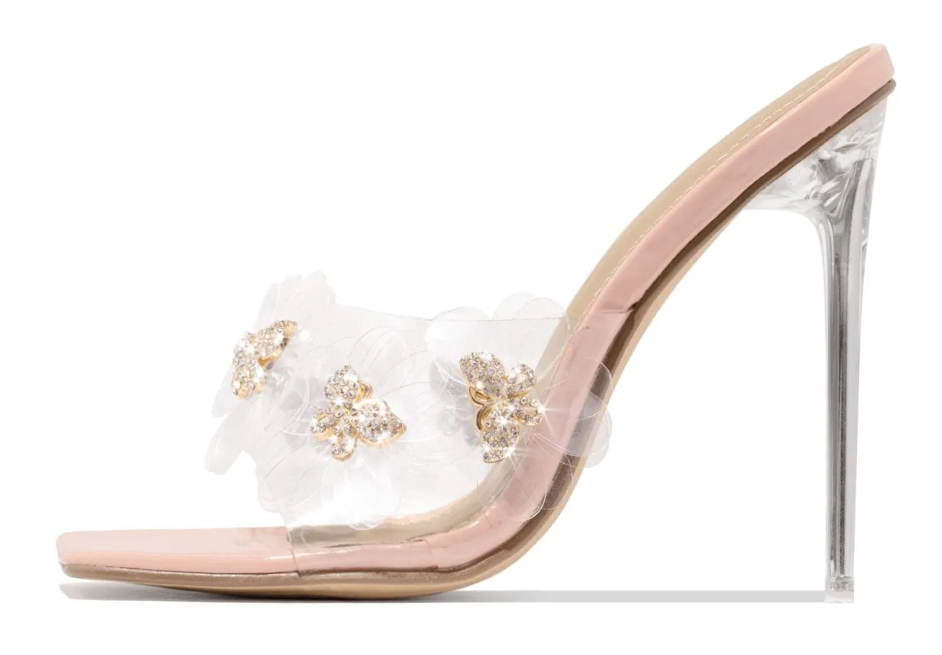 LuxeModa Secret Nude Diamond Butterfly Squared Open Toe Stiletto Heel Pump Mules