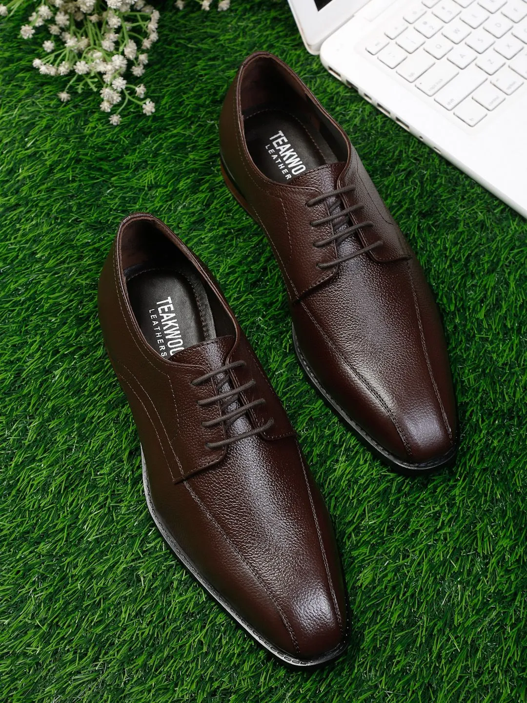 Men Brown Solid Genuine Leather Formal Derbys