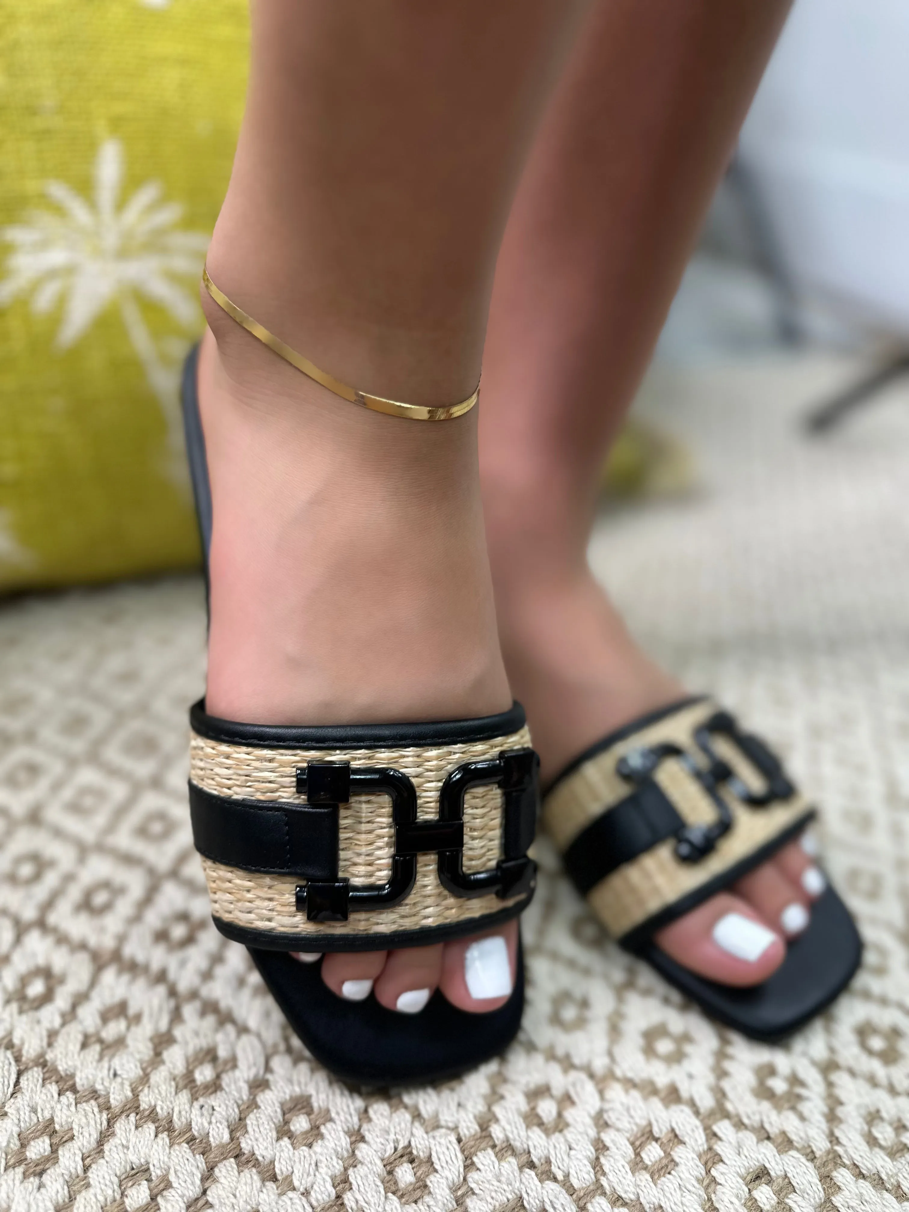 Raffia Square Toe Slide Sandals