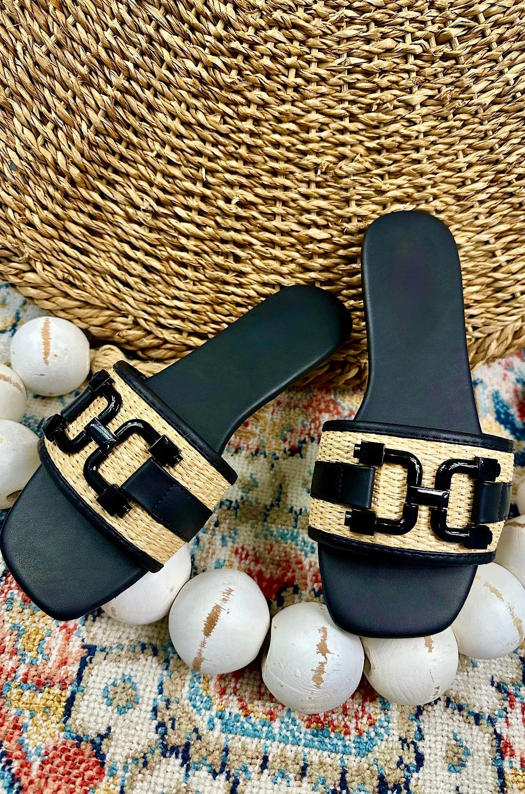 Raffia Square Toe Slide Sandals