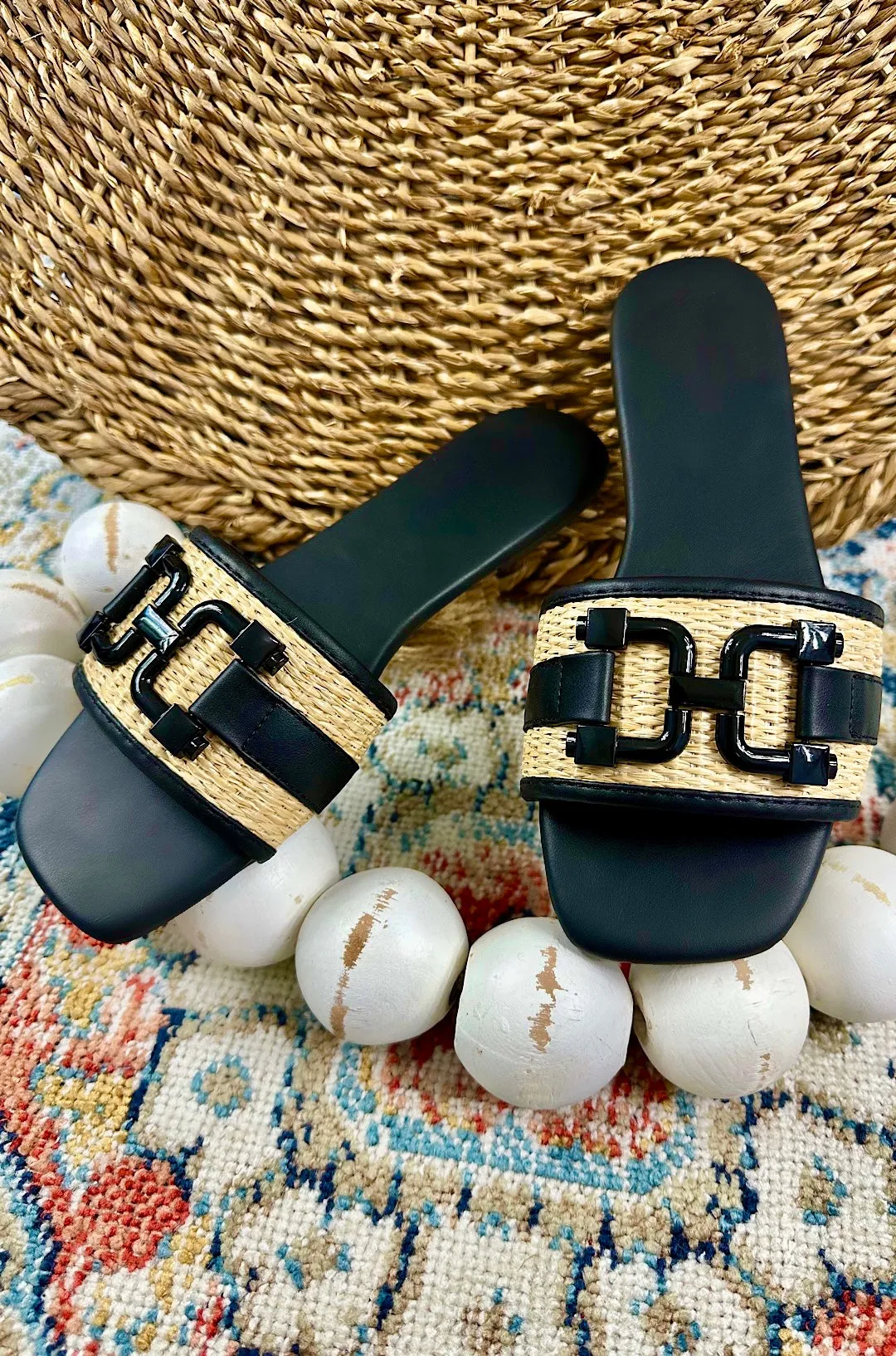 Raffia Square Toe Slide Sandals
