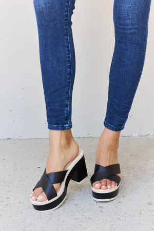 Weeboo Contrast Platform Cross Strap High Heel Slide On Slip In Thick Sole Sandals in Black