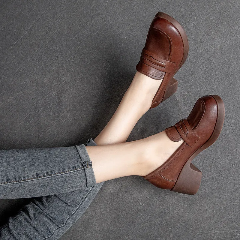 Women Retro Handcraft Soft Leather Chunky Heel Loafers