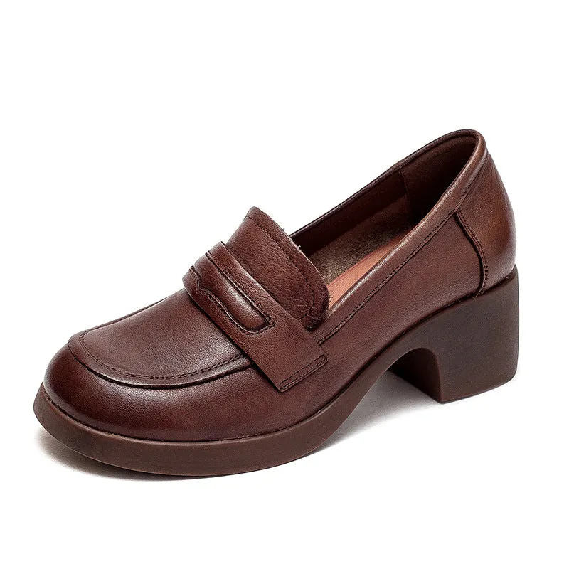 Women Retro Handcraft Soft Leather Chunky Heel Loafers