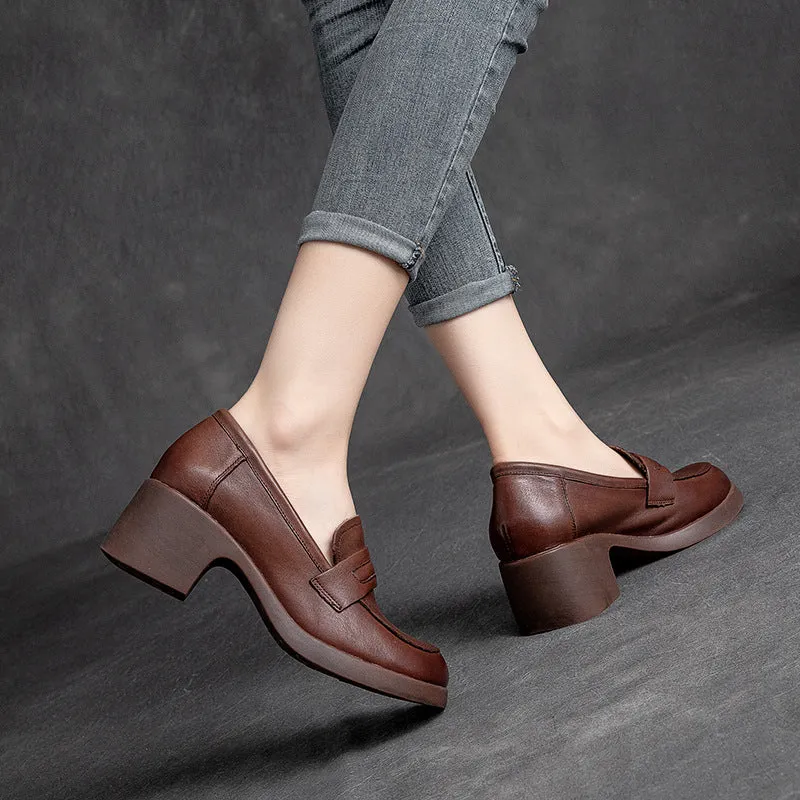 Women Retro Handcraft Soft Leather Chunky Heel Loafers