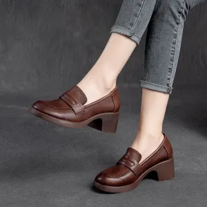 Women Retro Handcraft Soft Leather Chunky Heel Loafers